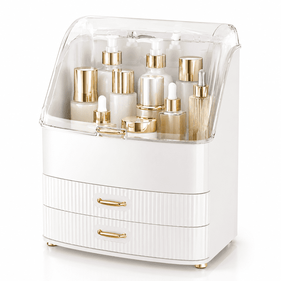 Large Makeup Organizer with Dustproof Transparent Lid, Waterproof Cosmetic Storage Case with Drawers for Bathroom Vanity, Skincare Organizer, White