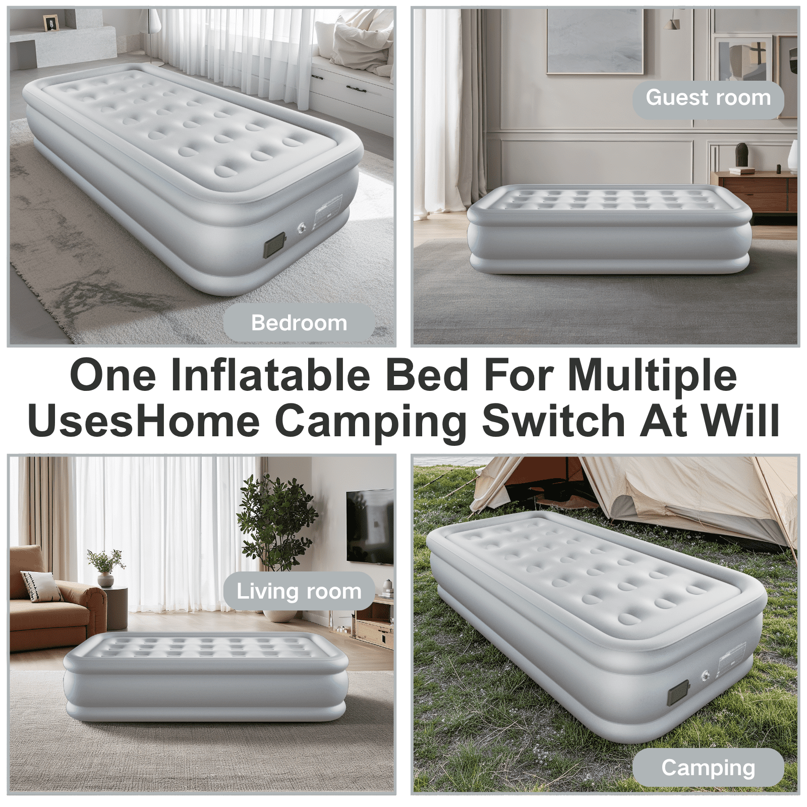 Twin Air Mattress with Built-in Wireless Pump-Inflatable Bed for Camping&Guests,All Fabric Cooling Toppe,18"Gray,3 Minutes Inflation