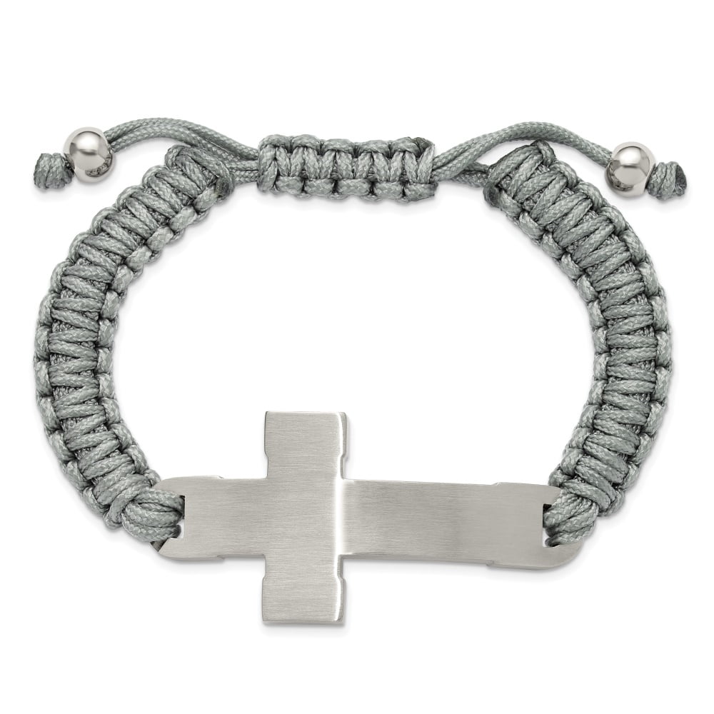 Diamond2Deal Stainless Steel Brushed and Polished Cross Grey Nylon Adjustable Bracelet for Men 7.5"