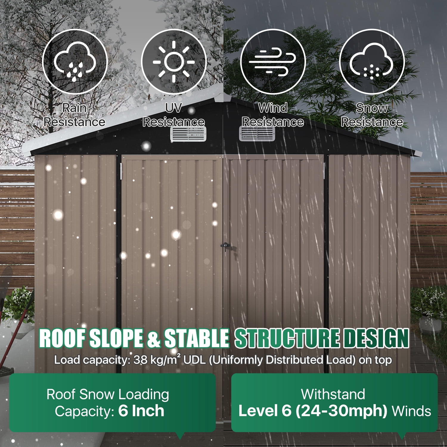 Clouddwell 8 x 6 ft Storage Shed with Floor (15mm) & Double Doors - Galvanized Steel, Brown