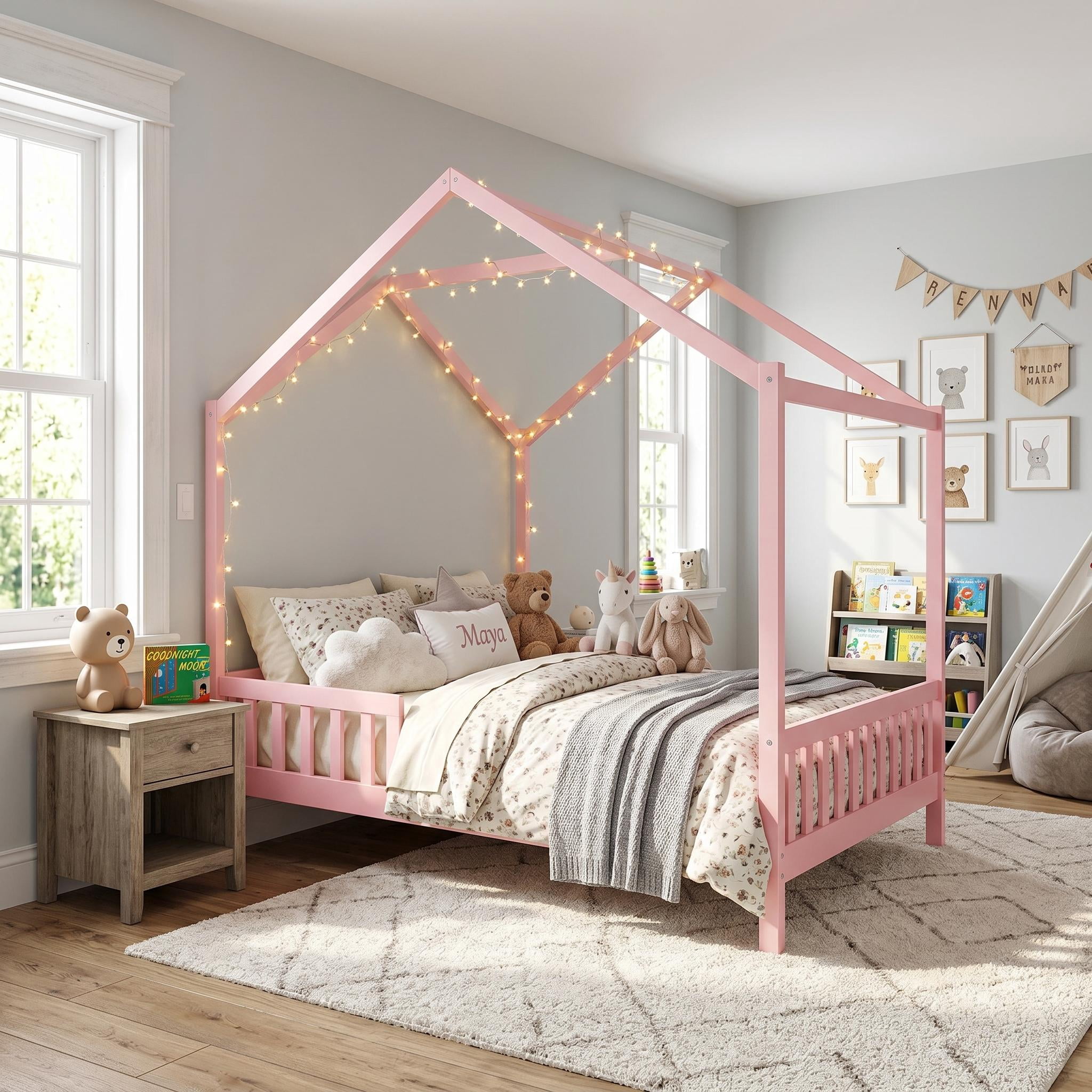 Homy Casa Montessori Full Size House Bed with Canopy, Pink Wooden Kids Bed Frame with Guardrails, Safe & Sturdy for Children