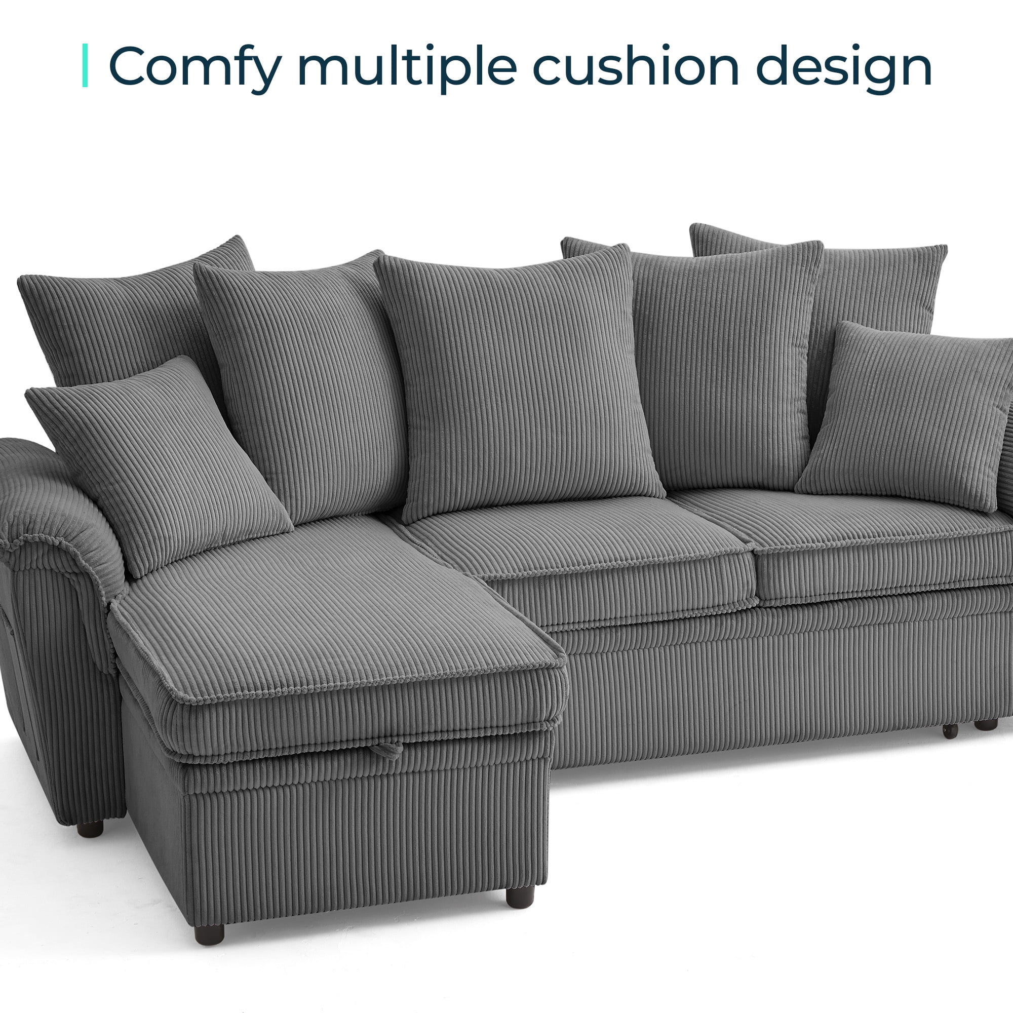 LINSY HOME Oversized 119" Sleeper Sofa Bed with Reversible Storage Chaise, Pull Out Couch Bed with USB, Side Pocket & Two Pillows, Grey