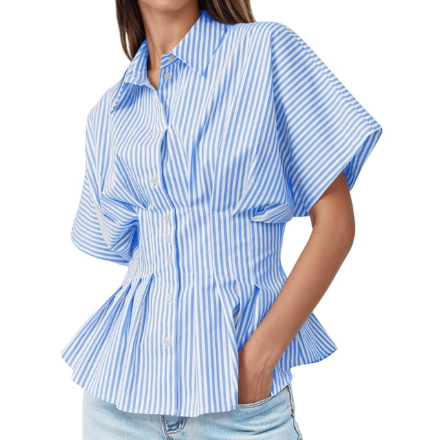 Blusa Tankaneo para mujer con estampado peplum y botones, color azul