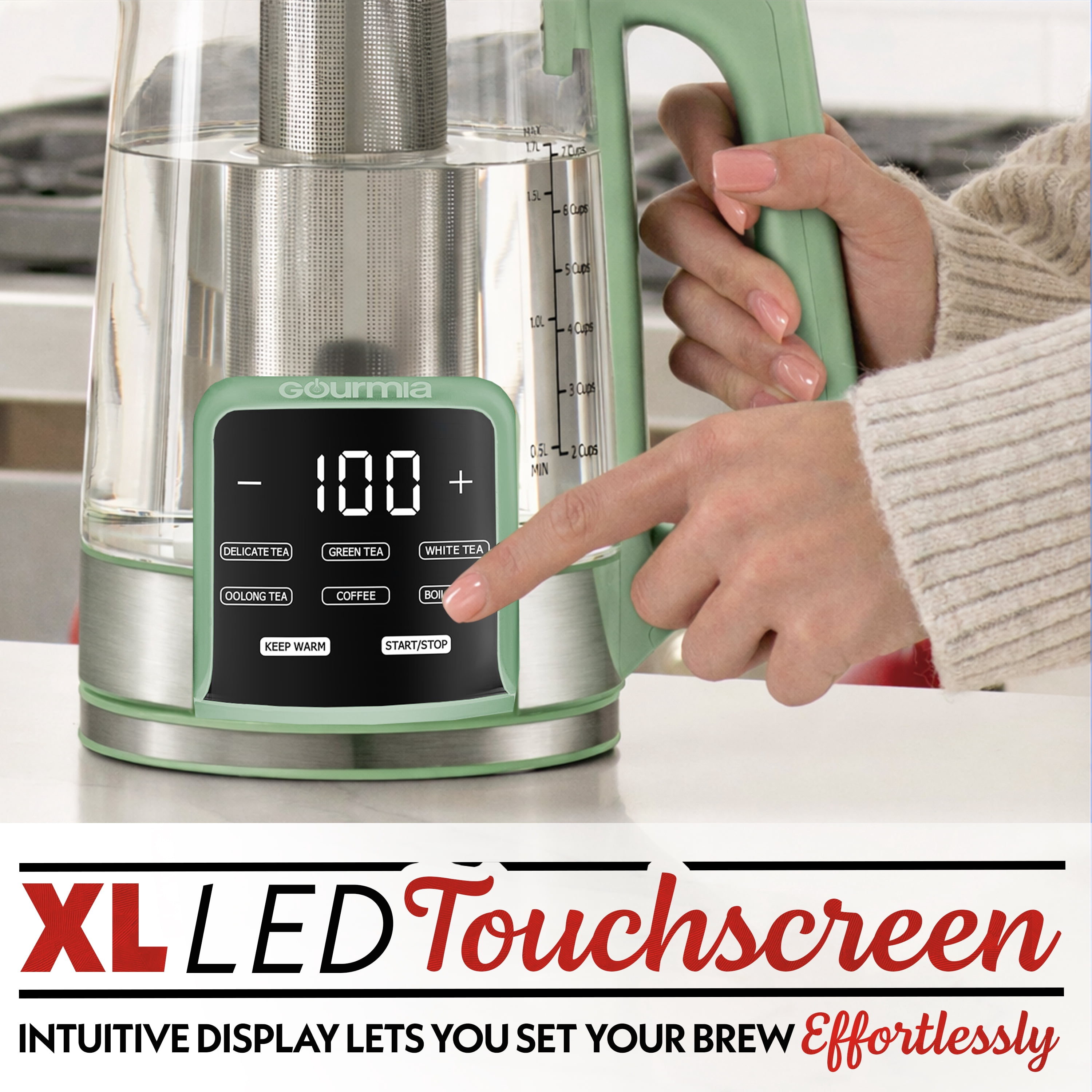 Gourmia Electric Kettle 1.7L with 6 Presets, Digital Display, and Tea Infuser, Green