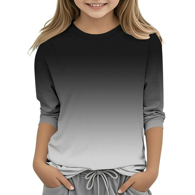 Cowsor Kids' Gradient Color 3/4 Sleeve Top – Round Neck, Casual for 1-12Y