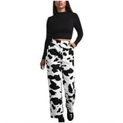 REORIAFEE High Waisted Sweatpants for Women High Waist Loose Pocket White Cow Print Jeans Pants Wide Leg Pants White XS