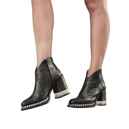 

Daeful Womens Booties Pointed Toe Ankle Boots Chunky Heel Dress Boot V Cut Side Zip Block Heels Bootie Ladies Studded Shoes Black 5.5