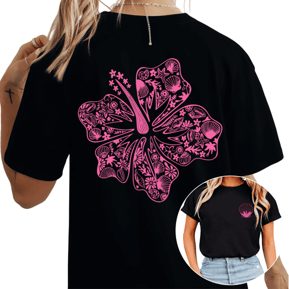 Cozymy Women's Pink Hawaiian Hibiscus Coastal Seashell Starfish Ocean Back Print Graphic Short Sleeve Tees T Shirt