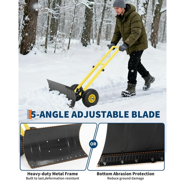 Kojooin Pelle à Neige Robuste avec Roues, Pousse-Neige à Double Poignée avec Angle et Hauteur Réglables