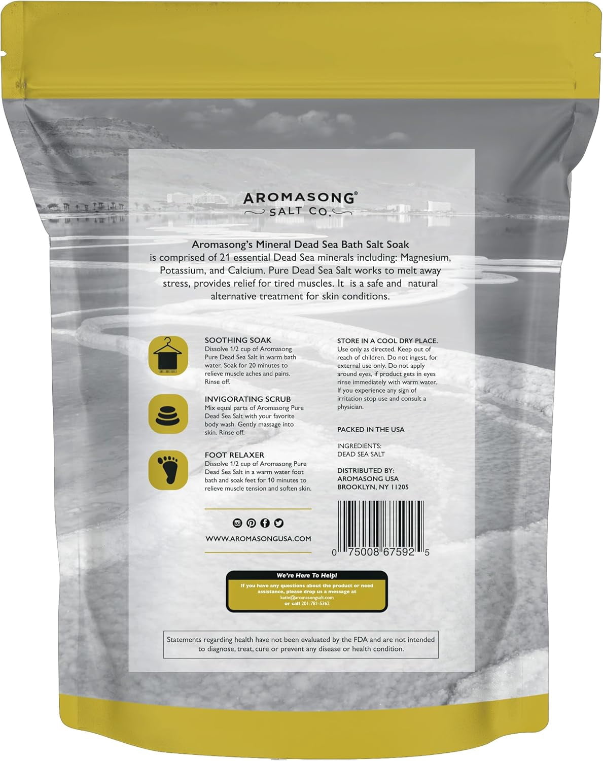 Aromasong Dead Sea Salt Bath Soak, 19 lb Bulk Mineral Sea Salt for Bath, Foot Soak, Detox & Home Spa Use