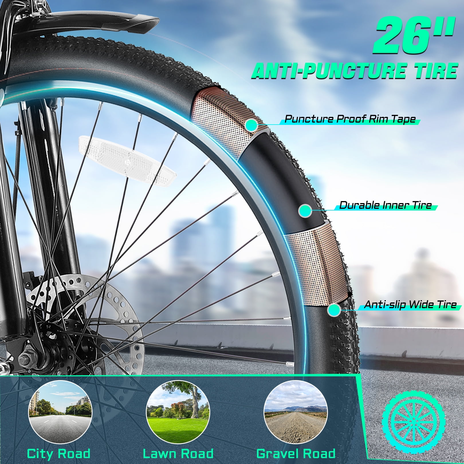 Gocio UL2849 Certified 26" Electric Bike for Adults, 750W Peak Motor, 48V 7.8Ah Battery, 19.8 mph 7-Speed Commuter Ebike with Disc Brakes