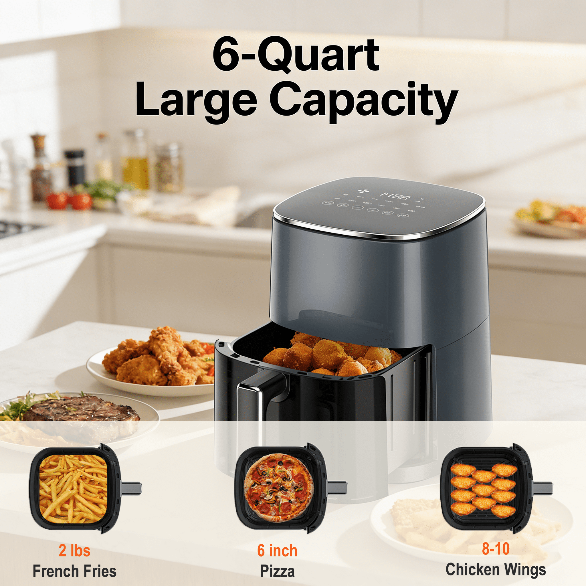 Aidoly 12-in-1 Air Fryer, 6-Quart Family Size Multi-Function for Roast, Bake, Broil, Dry, Proof, Reheat and More, with Viewing Window & 12 Cooking Modes, Grey