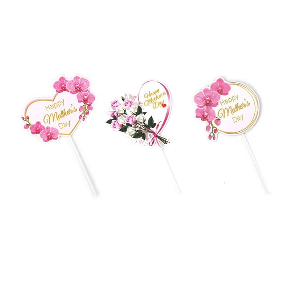 Zmeidao 3Pcs Happy Mother's Day Cake Toppers, Heart Round Butterfly Orchid Rose Flower Cupcake Picks, Mother's Day Cake Cupcake Decorations Party Supplies