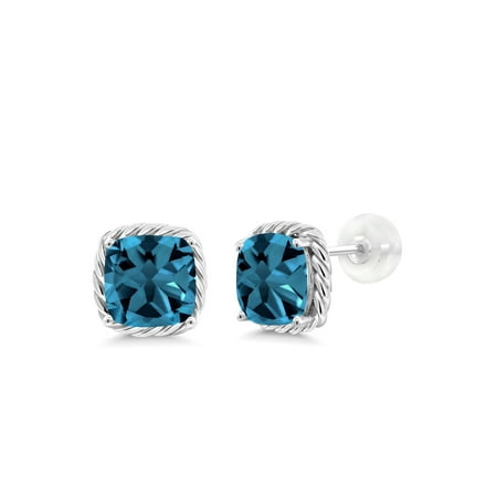 Cushion Cut Blue Topaz Earrings - 3.70 Ct Cushion 7mm London Blue Topaz 10K White Gold Stud Earrings