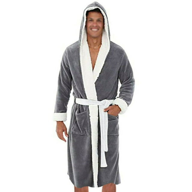 Innerwin Bath Robes Hoodie Men's Wrap Robe Winter Long Sleeve Soft Dressing Gown Gray White 2XL