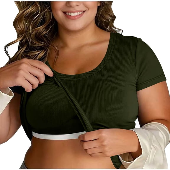Bosfbaoi Women's Tops Plus Size Solid-color Short Sleeve Shirt With Chest Pad No Steel Rings Bottom Underwear Oversize Tops