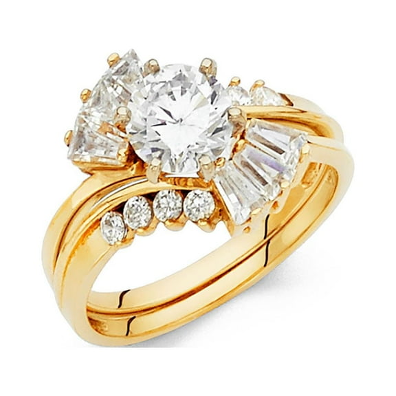 CZ Round Engagement Ring & Wedding Band 14k Yellow Gold Solitaire CZ Bridal Rings Set Side Stone Size 7