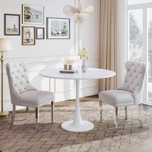 Dining Table Set for 2, 31.5" Round Table with All-Metal Tulip Pedestal Table, Velvet Nailhead Trim Chairs with Stainless Steel Legs, Modern Kitchen Dining Set for Apartment, Small Spaces, White