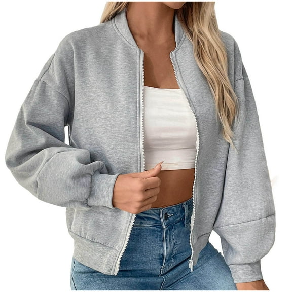 Wensltd Women Solid Color Short Jacket Full Zip Up Long Sleeve Lightweight Casual Athletic Coat Tops Gray