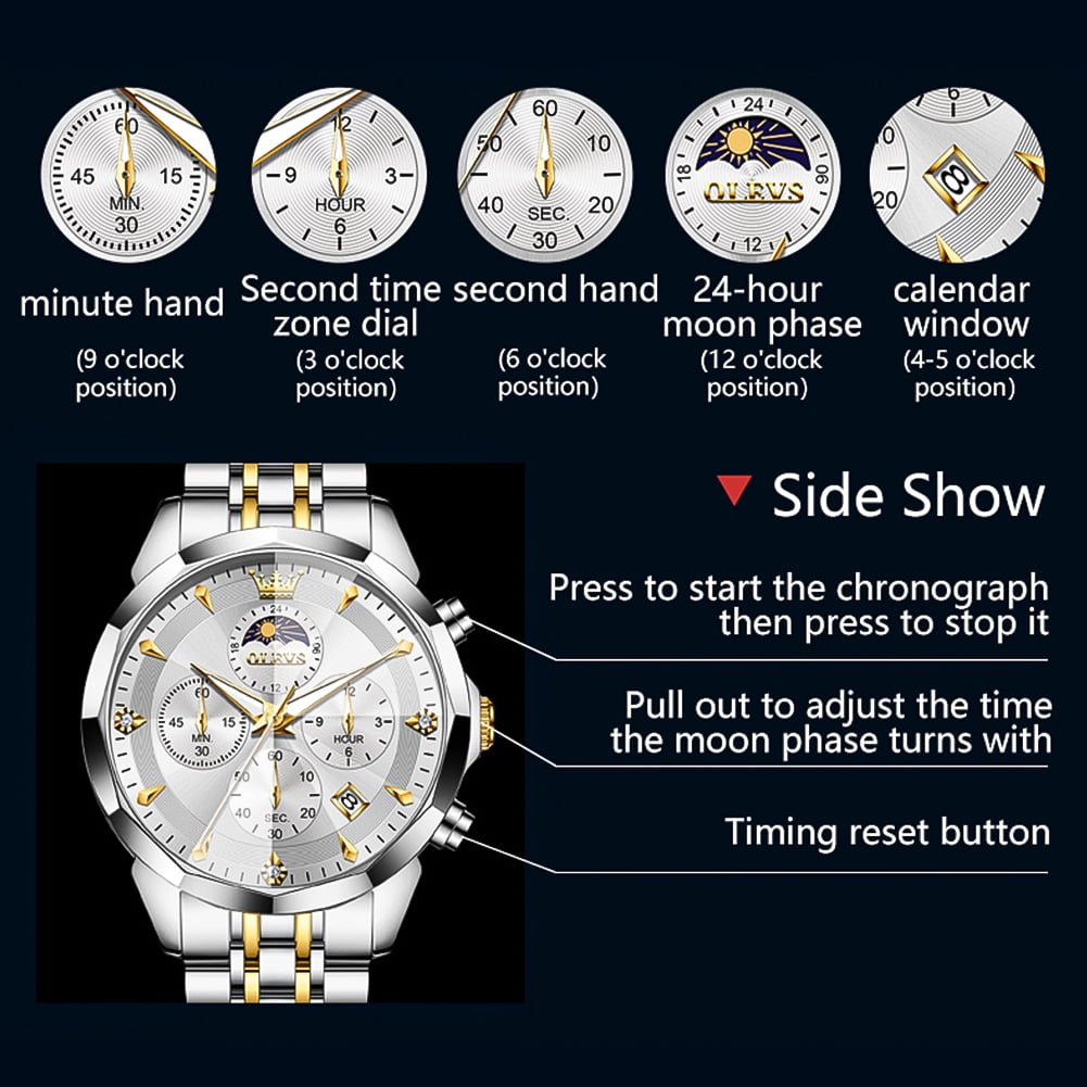 OLEVS Watches For Men Business Dress Luxury Casual Chronograph Multifunction Analog Quartz Stainless Steel Waterproof Luminous Moon Phase Date Men Wrist Watches Reloj Para Hombre White Dial