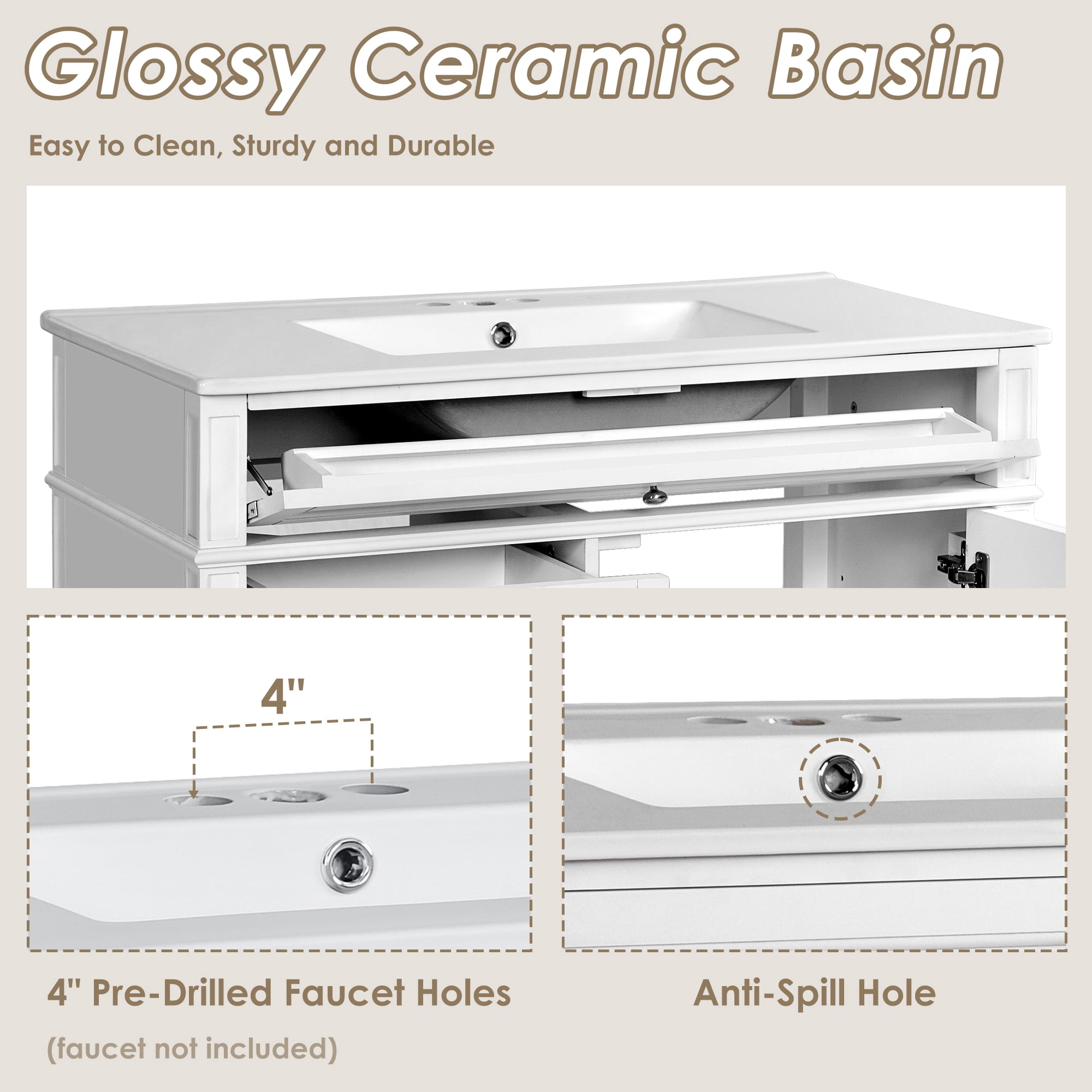 Euroco Freestanding Bathroom Vanity with Drawers and Cabinet Door Organizer, Modern Sink Cabinet, Easy Assembly