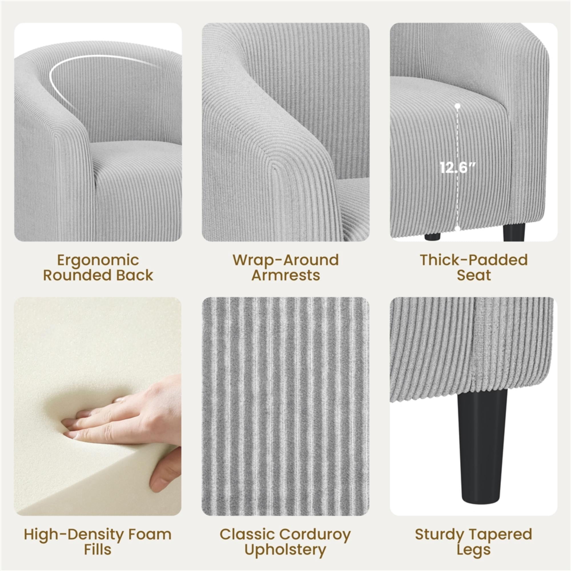 Renwick Corduroy Fabric Accent Barrel Chair with Elastic Foam Fills, Light Gray
