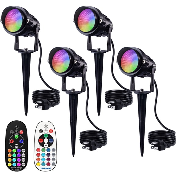 SUNVIE RGB Outdoor LED Spotlight 12W Color Changing Landscape Lights 120V Waterproof with Remote Control for Yard Garden Patio, 4 Pack