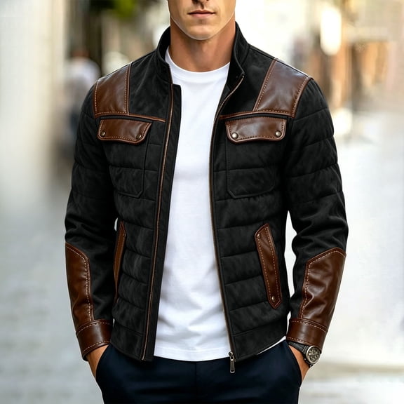 WIZUTIZ Padded Jacket For Men Stand Collar Zip Up Long Sleeve Pockets Quilted Warm Coat Casual Winter Outerwear Black Navy