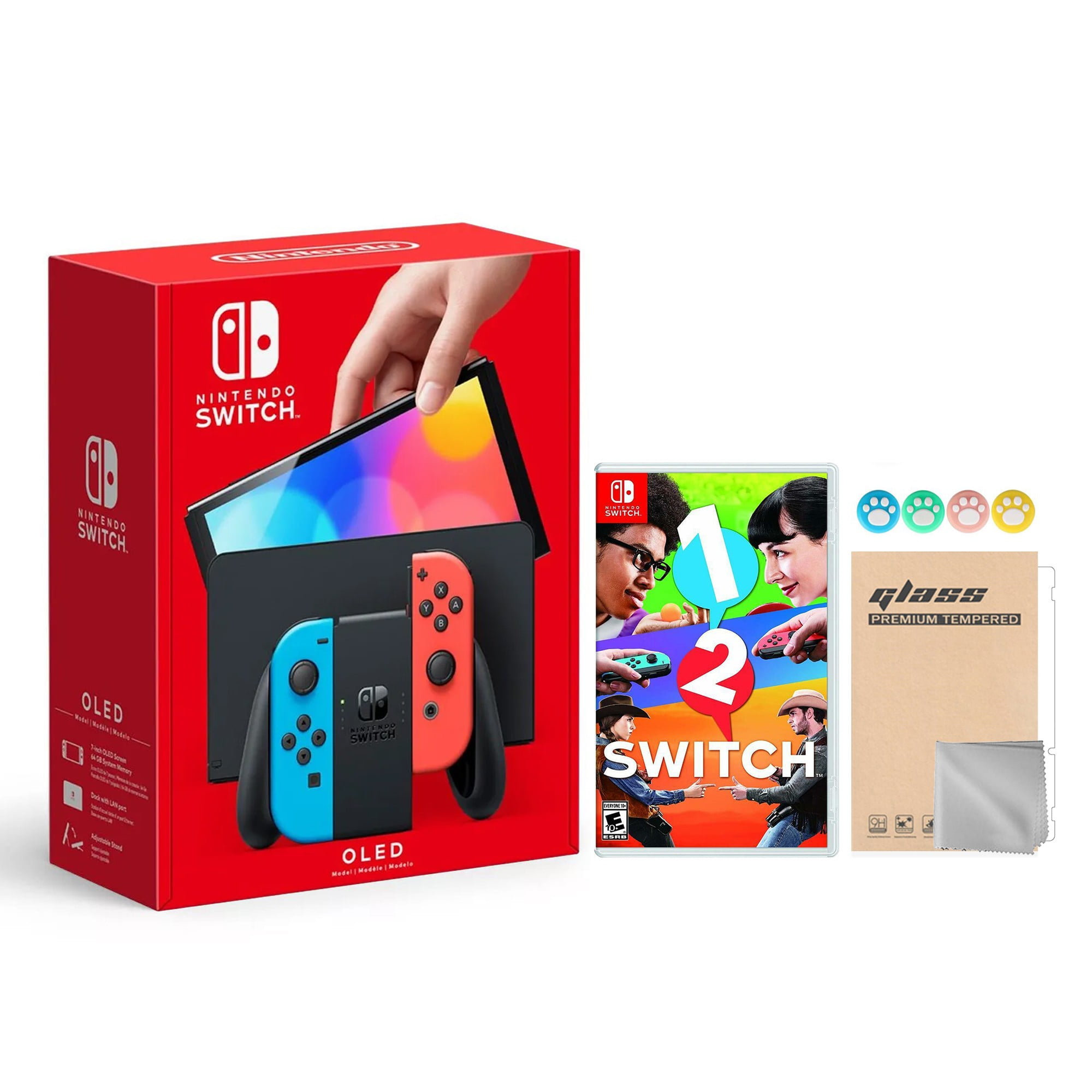 Nintendo 2021 New Switch OLED Model Neon Red & Blue Joy Con 64GB Console HD Screen & LANPort