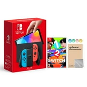 Nintendo 2021 New Switch OLED Model Neon Red & Blue Joy Con 64GB Console HD Screen & LAN-Port Dock with 1-2 Switch and Mytrix Joystick Caps & Screen Protector