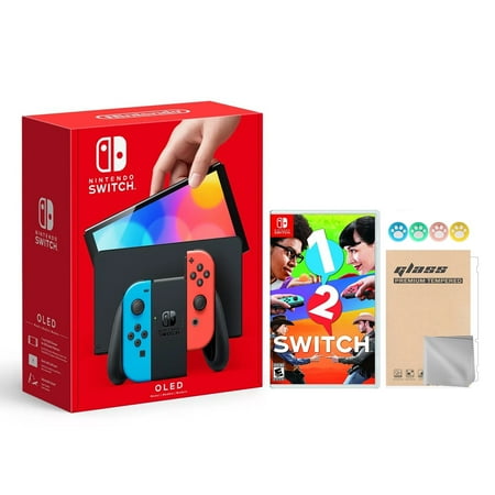 Nintendo 2021 New Switch OLED Model Neon Red & Blue Joy Con 64GB Console HD Screen & LAN-Port Dock with 1-2 Switch and Mytrix Joystick Caps & Screen Protector