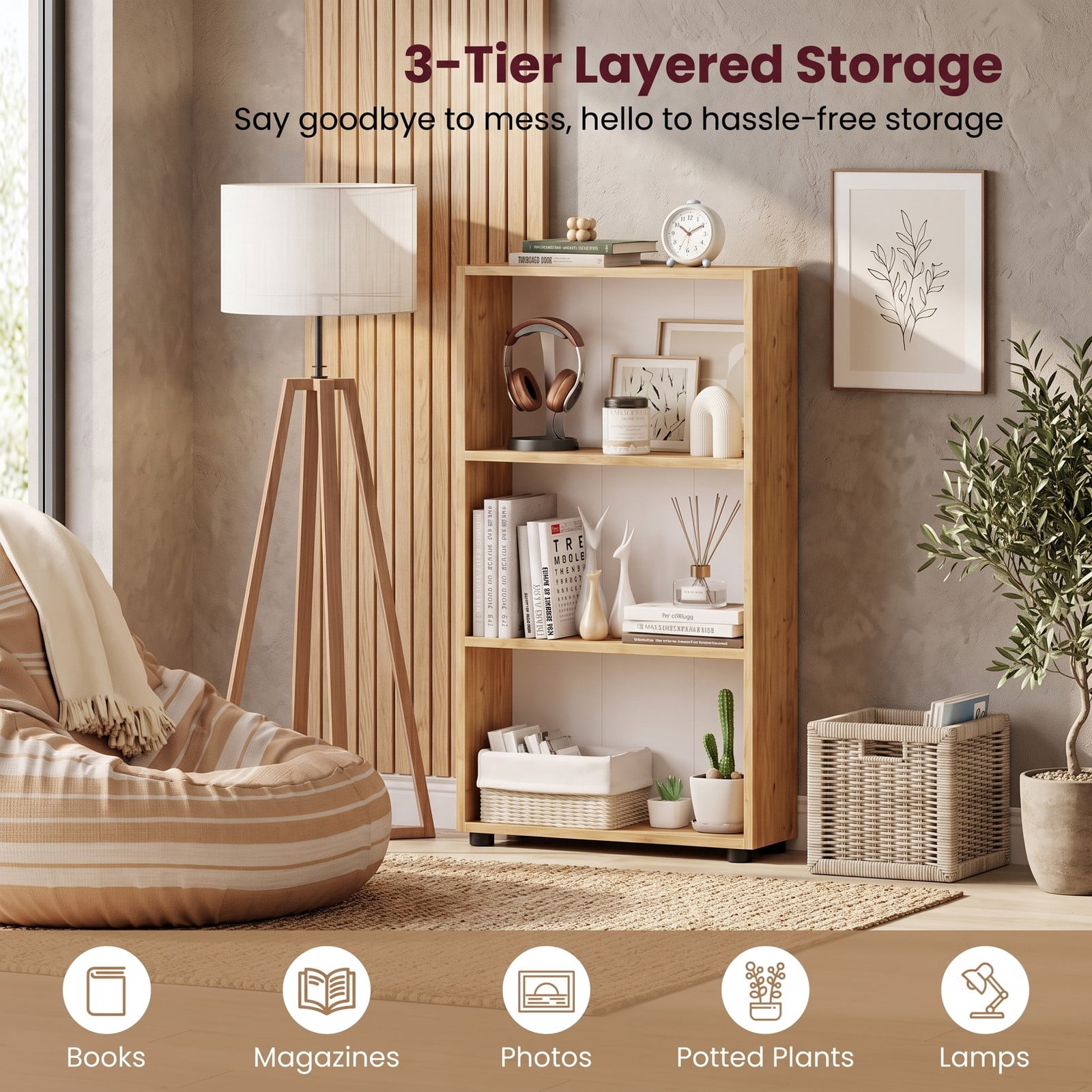 Furnibear 3-Tier Bookcase 42 Inch Tall Bookshelf with Anti-Tipping Kit, Freestanding Open Wood Storage Shelf Organizer for Living Room Bedroom Home Office, Oak Brown