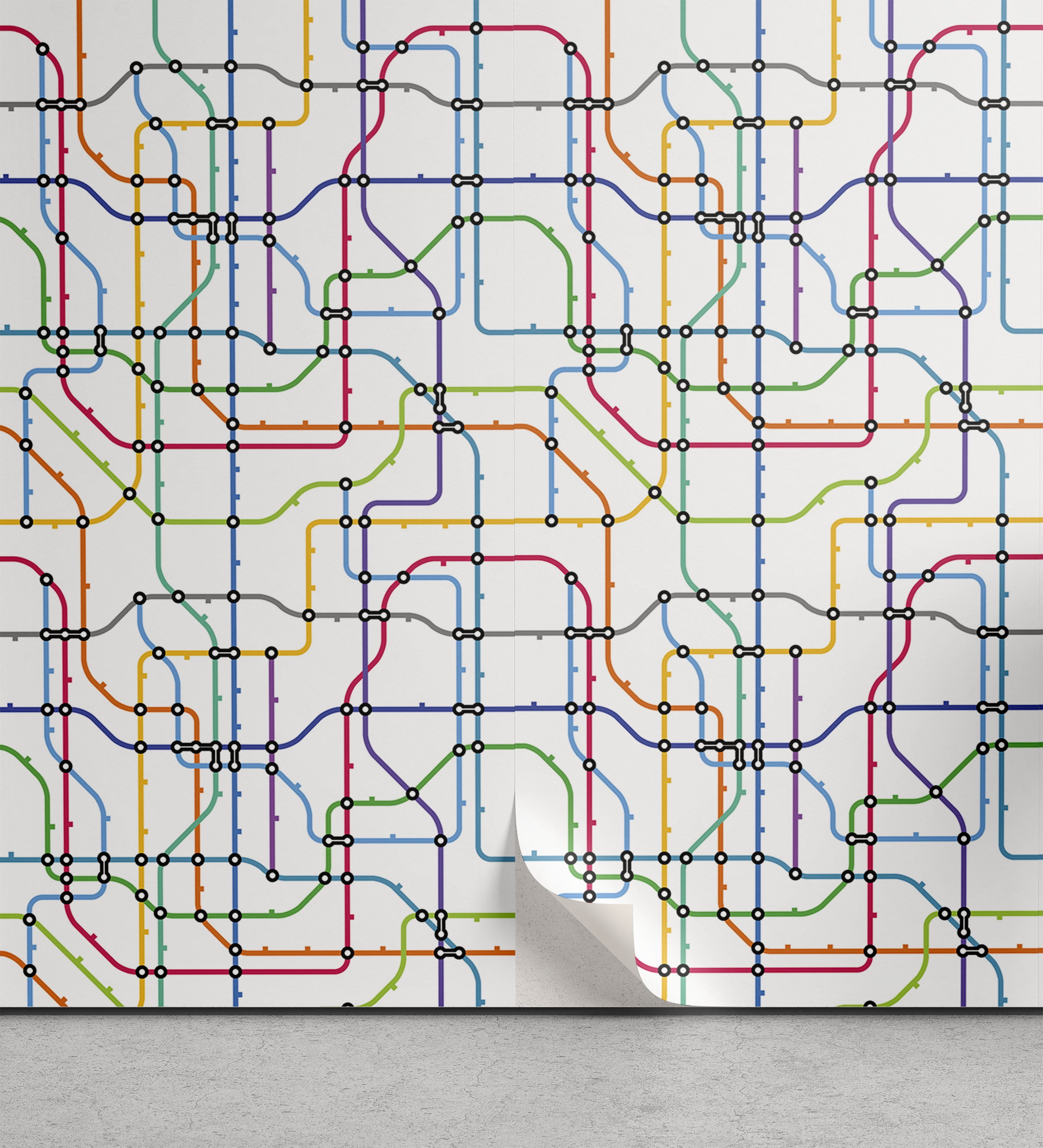 Map Peel & Stick Wallpaper, Colorful Thin Lines Metro Scheme