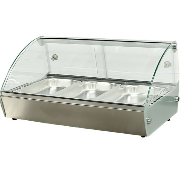 NSF 34 in. Countertop Heated Display Case, 3 Pan Hot Food Display Curved Glass Display