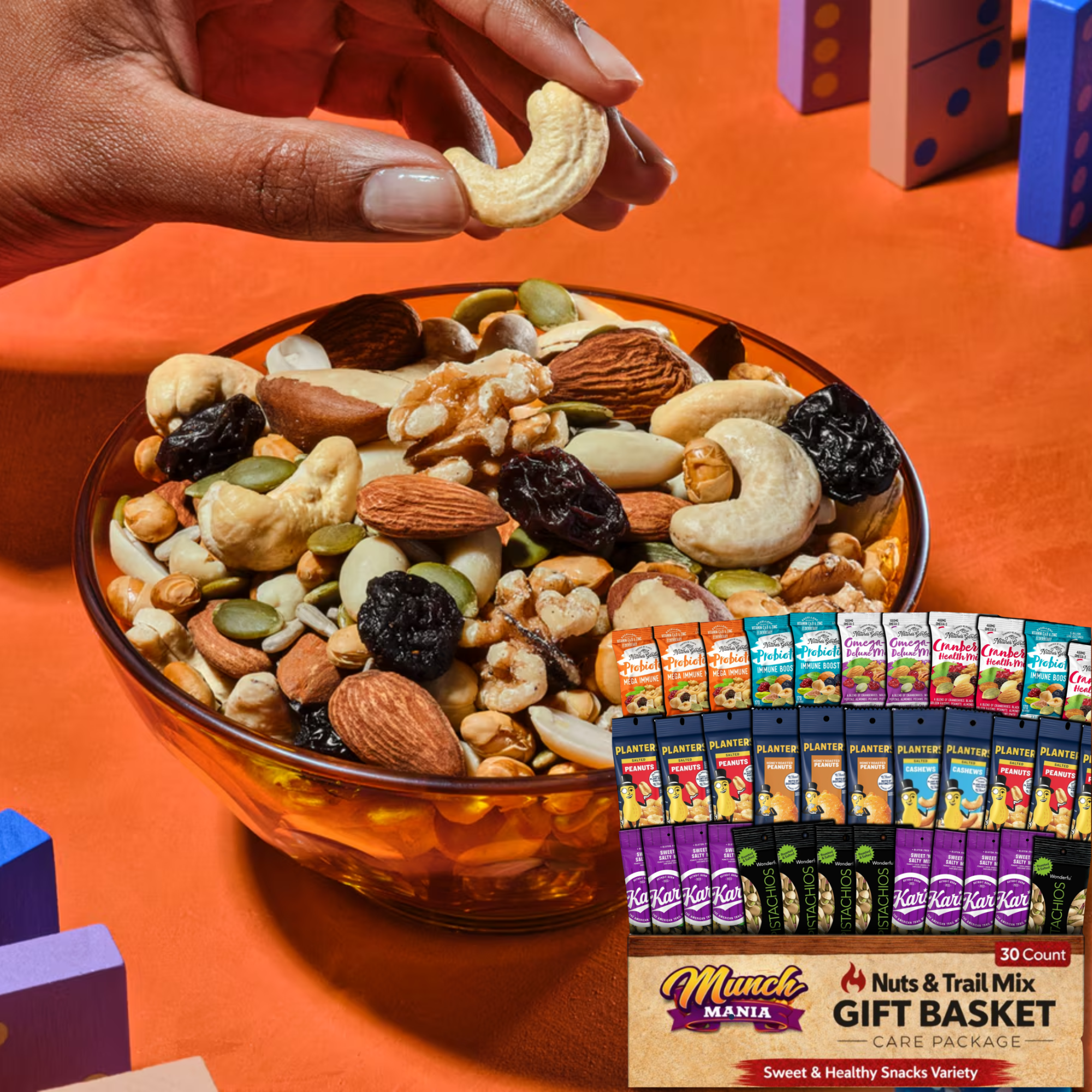Gift Basket Trail Mix Snacks Variety Pack for Adults, 30 Pack of Healthy Snacks for Adults | Individually Wrapped Bulk Nuts Snack Packs, Individual Heart Healthy Office Nut Mix Box | Assorted Peanuts