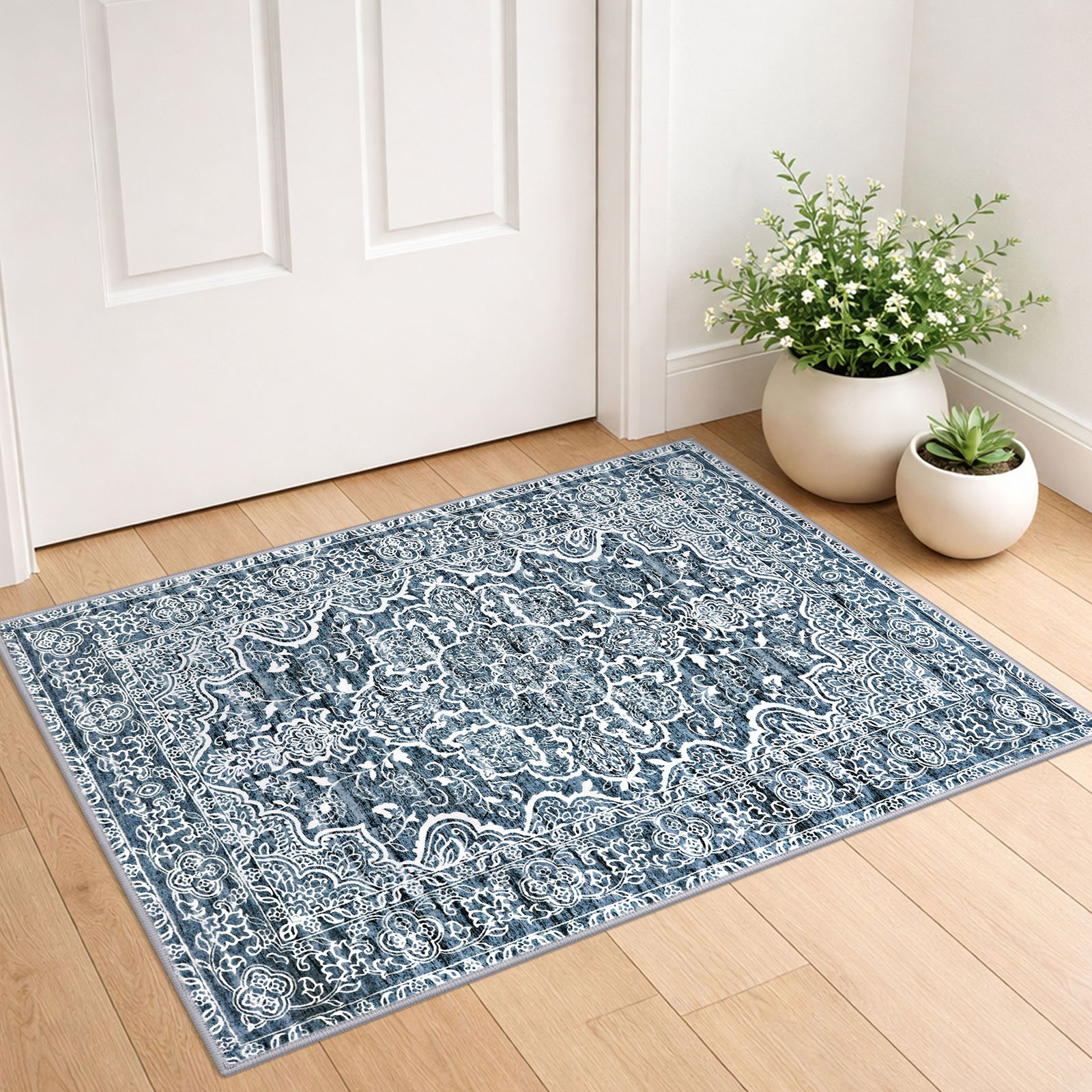 GLATTICE Throw Rugs with Rubber Backing Washable Small Area Rug 2x3 Blue Front Door Mat Ultra Soft Printed Oriental Floral Rug Indoor Mat for Entryway Porch Hallway