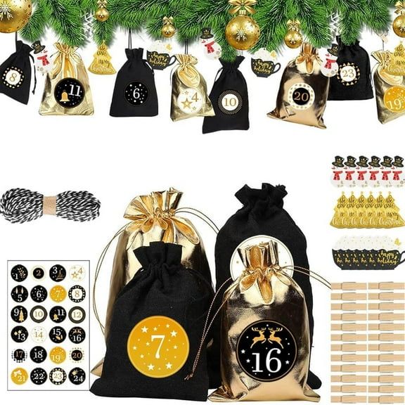 Advent Calendar Bags to Fill, Make Your Own Advent Calendar, Christmas Bags with 1-24 Numbers Stickers and 24 Gift Tags, 24 Days Countdown DIY Calendar for Christmas Decorations