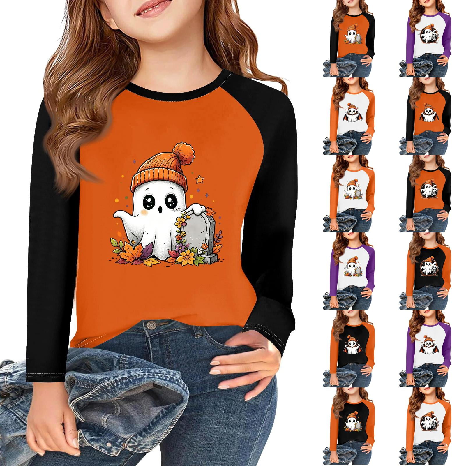 Fall Harvest Toddler Graphic Tshirt Funny Dino Ghost Skeleton Crew Neck Long Sleeve Top Trick Or Treat Night School Playground Soft Kids Layered Tee