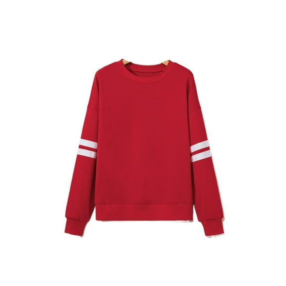 Women's Fiery Red Oversized Sweatshirt with Varsity Striped Detail - Casual Drop Shoulder Style - [ZhiHiMeRi] | (US 12-14)L