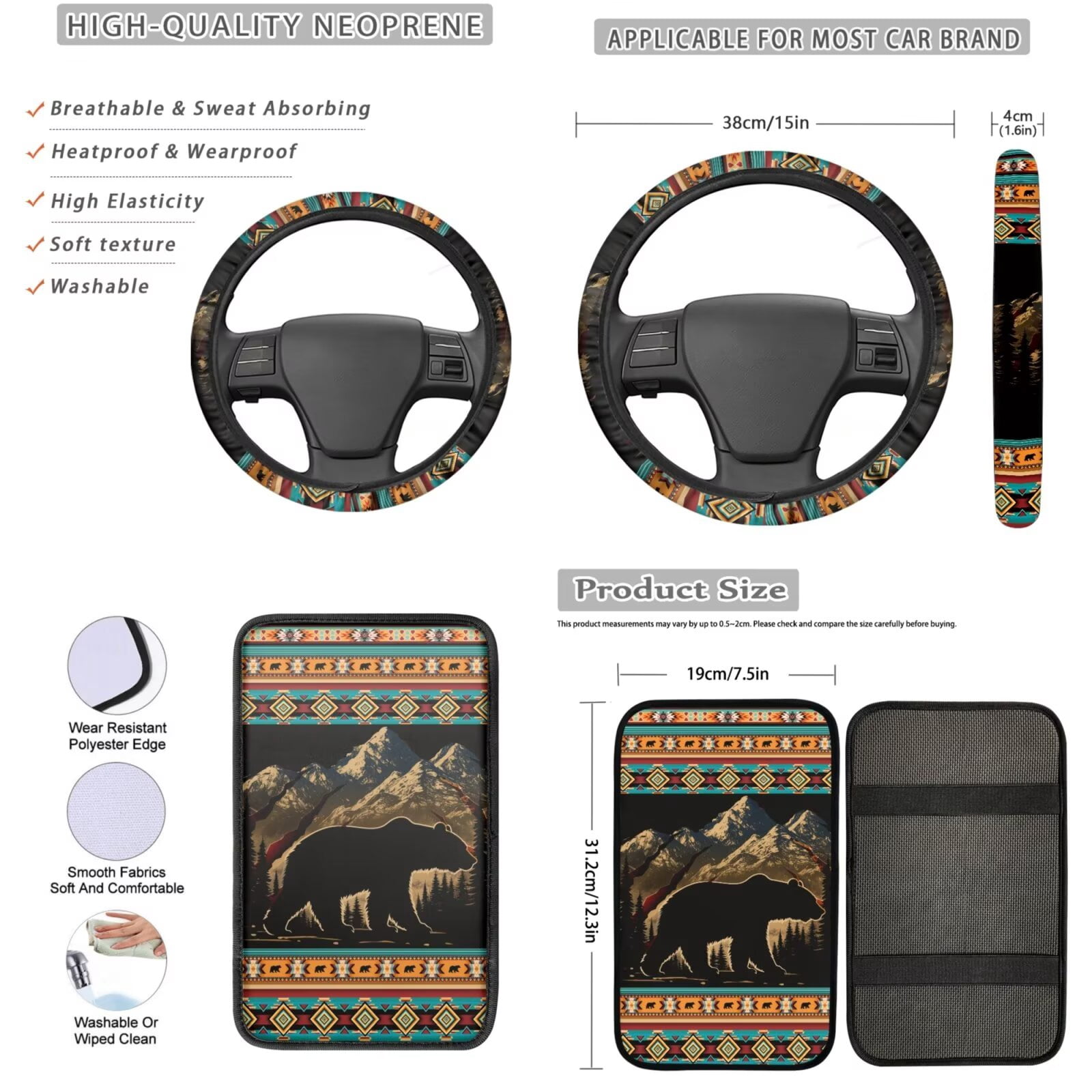 Garronmavis Aztec Bear Women's Auto Accessories 13 Piece Car Seat Cover Set with Steering Wheel Cover Seat Belt Cover Key Fob Lipstick Cover Coaster Protective Cover for Trucks Van SUV