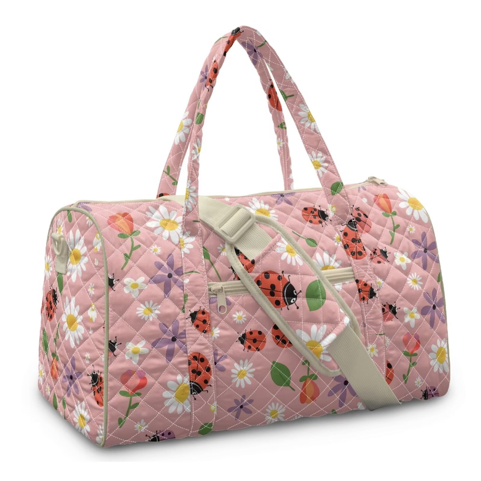 Garronmavis Pink Ladybug Floral Large Quilted Duffle Bag for Women, Weekender Travel Bag Overnight Bag Carry On Gym Dance Tote with Zipper Pockets, Luggage Sleeve Compatible