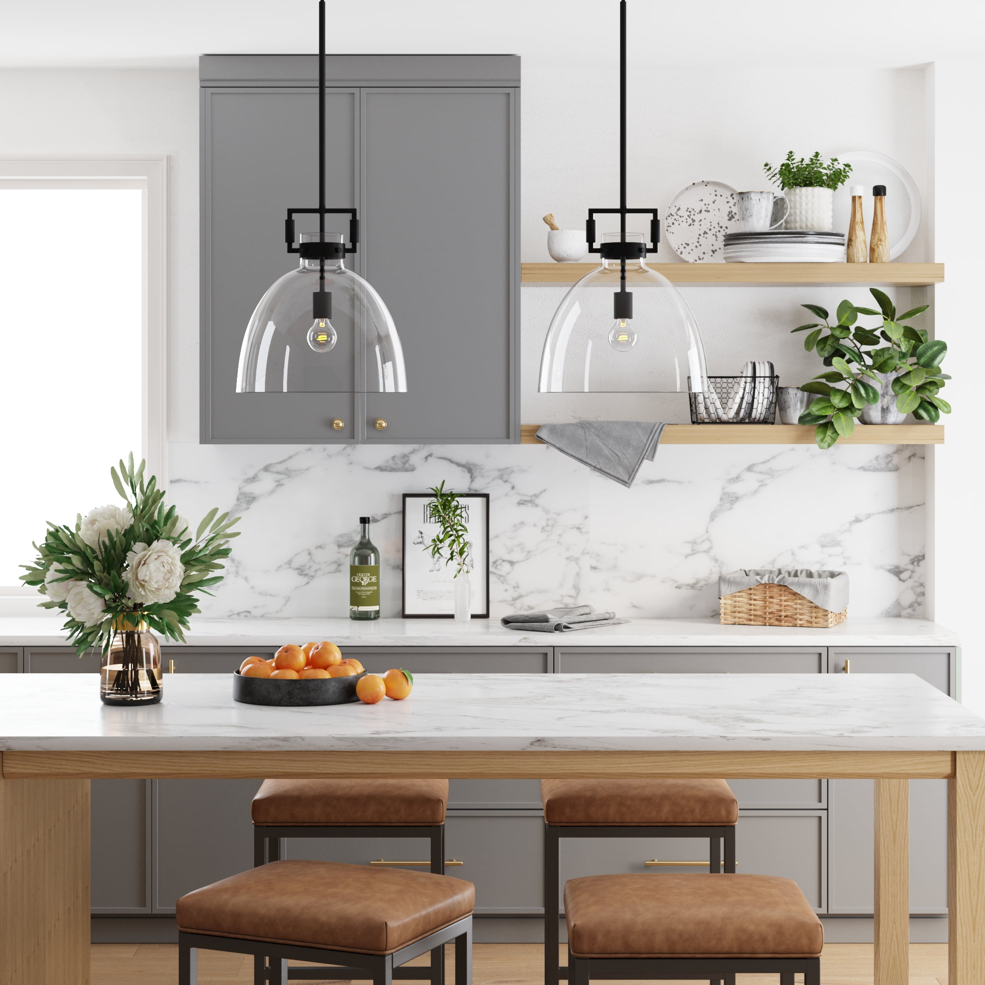 Nathan James Leigh 1-Light Pendant Lighting For Kitchen Island with Oversized Glass Shade and Adjustable Cord
