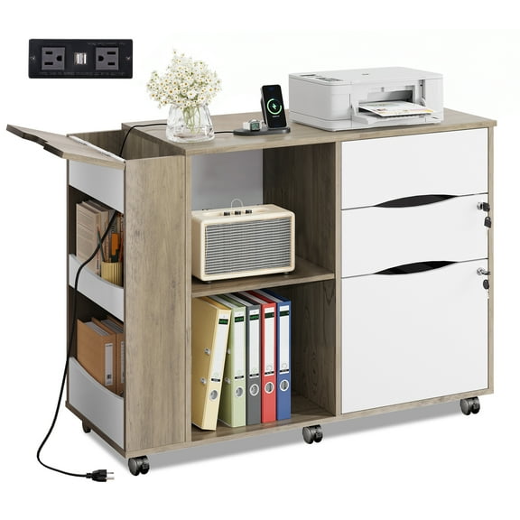 GALAXHERO Wood File Cabinet with 3 Drawers, Open Storage Shelves, Rolling Printer Stand with Charging Station for Home Office, Gray White