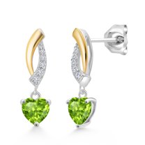 Gem Stone King 925 Silver and 10K Yellow Gold Green Peridot and White Lab Grown Diamond Dangle Earrings for Women | 1.07 Cttw | Gemstone August Birthstone | Heart Shape 5MM