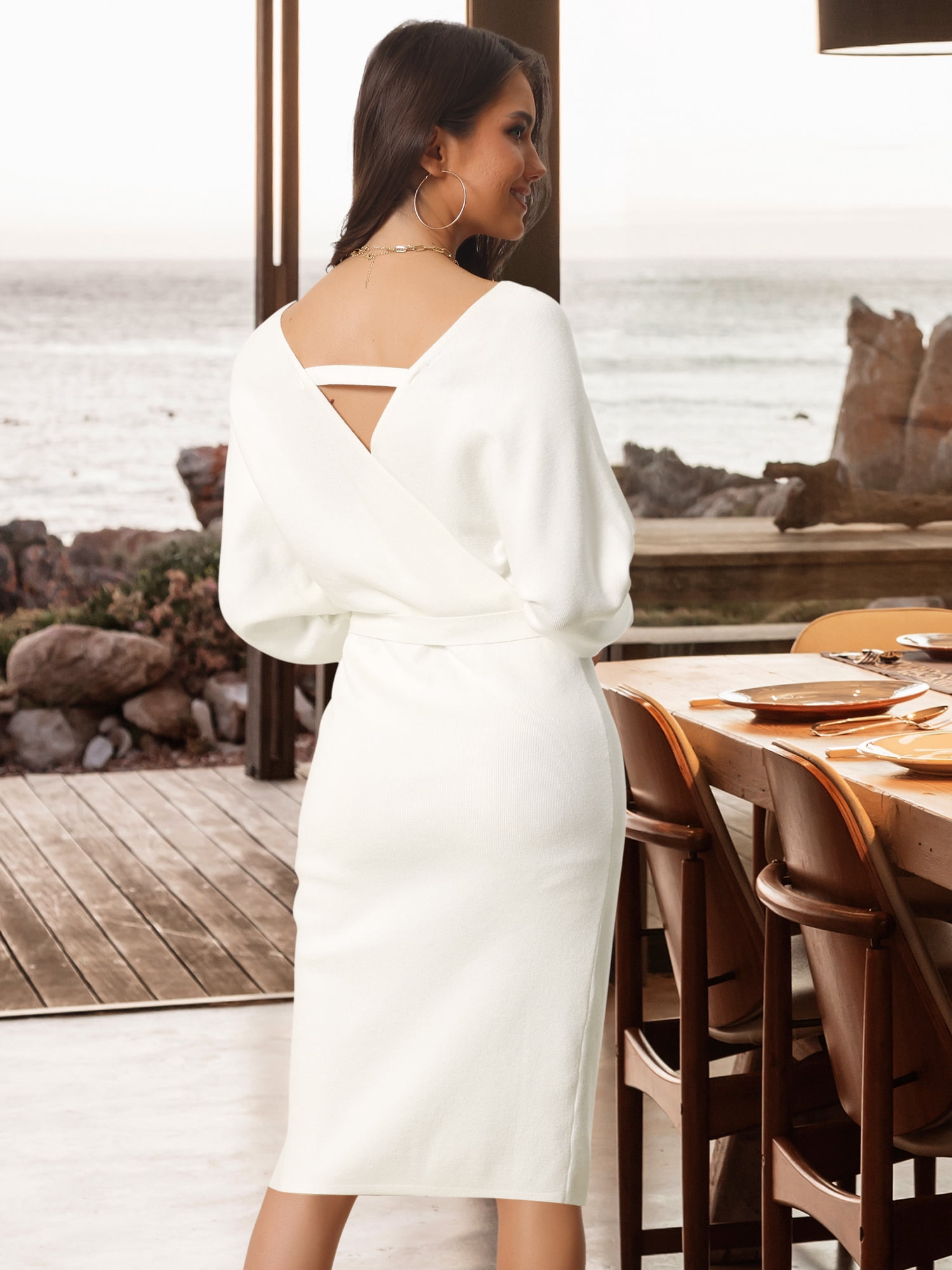 DARING DIVA Women's Deep V Neck Wrap Lantern Sleeve Belted Mini Sweater Dress L White