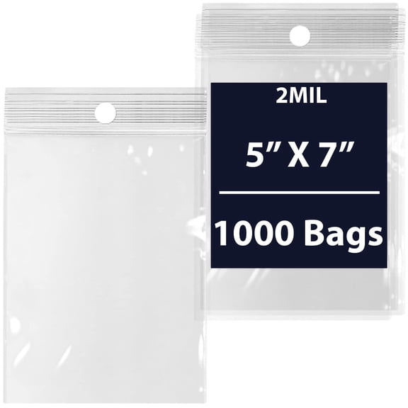 Reclosable Hang Hole Poly Bags - 5 x 7 & (1000 Bags) 2 Mil Clear Plastic with Resealable Lock Seal Zipper | Durable Poly Baggies | Resealable Zip Top Lock For Jewelry, Storage, Packaging & Shipping