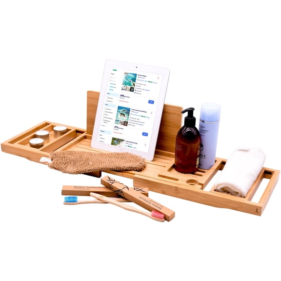 Masters and Burrell Luxury Bathtub Tray, Bamboo Expandable Bath Tub Tray Table with Jute Glove, Face Cloth & 2 Toothbrushes, Natural