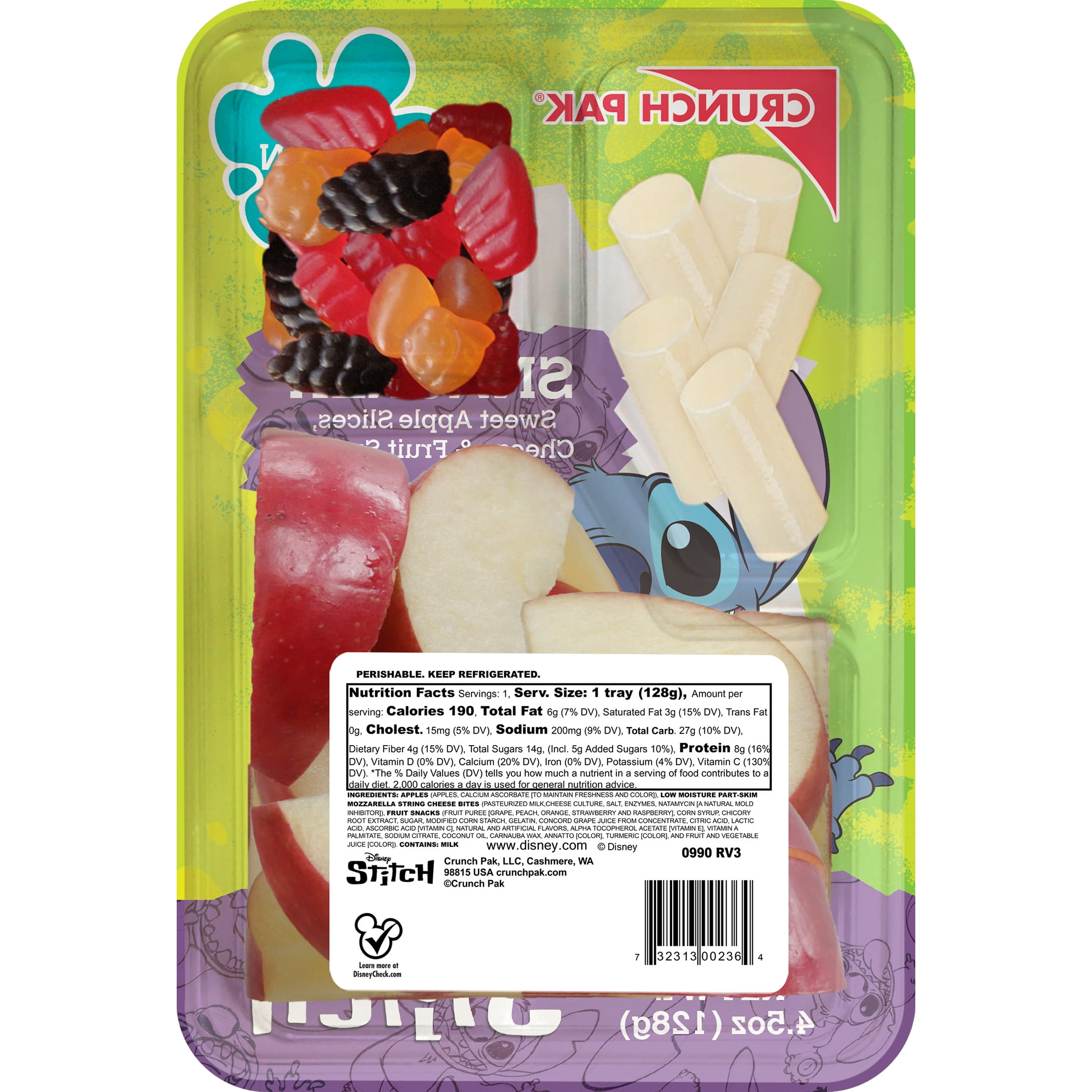 Crunch Pak Snack Disney Stitch with Fresh Sliced Sweet Apples, Cheese, and Fruit Chews, 4.5oz Tray