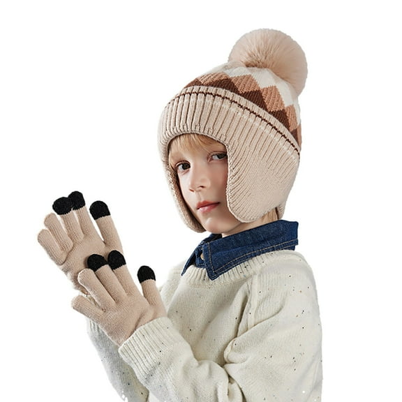 AWZXDE Children Fashion Kids Hat Gloves With Hairball Colored Shaped Knitted Woolen Hat For Boys And Girls Warm Ear Protection Khaki