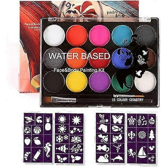 Kit de pintura facial, paleta de 15 colores con 2 pinceles y 4 plantillas, pintura corporal lavable y segura para adultos y niños.